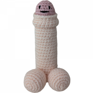 Hand crocheted penis with foreskin, face, and balls in the color peach with a pink head and foreskin