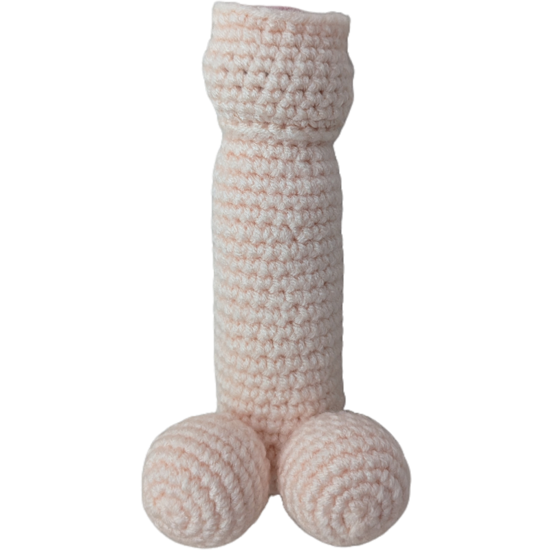 Hand crocheted penis with foreskin, face, and balls in the color peach with a pink head and foreskin
